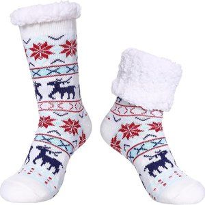 Women's Winter Fuzzy Snowflake and Deer Fleece-lined with Grippers Slipper Socks
